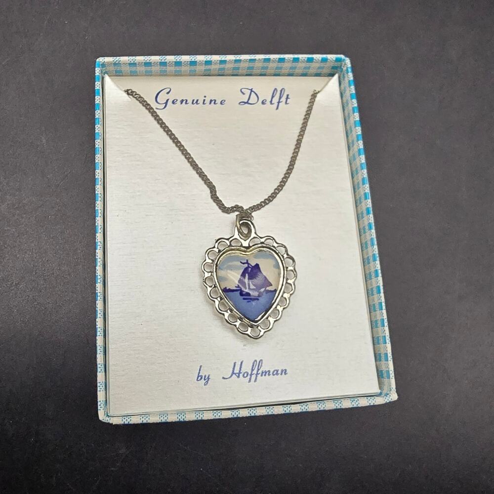 Hoffman Holland Delft Blue Ceramic Sail Boat Necklace In Box Vintage